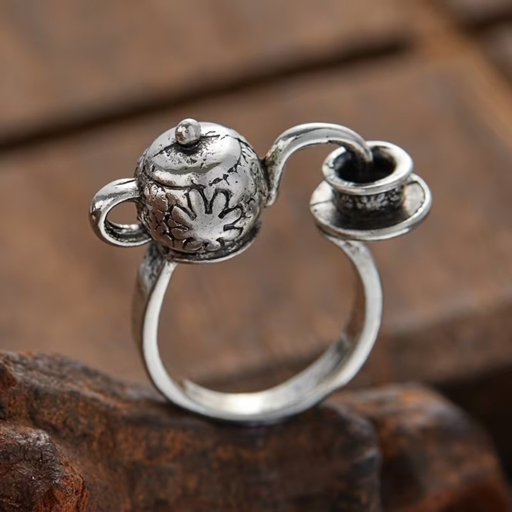 Vintage Style Teapot and Teacup Silver Tone Novelty Ring Tea Party Size 6